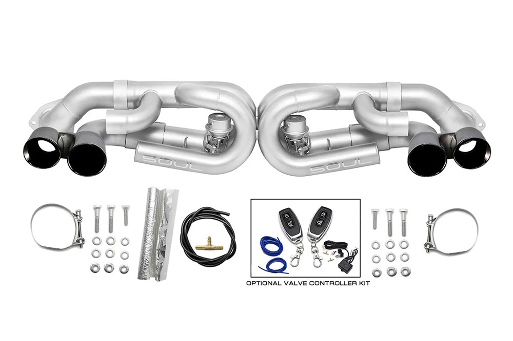 SOUL Performance exhaust system kit with pipes and connectors for Porsche 991 on a white background