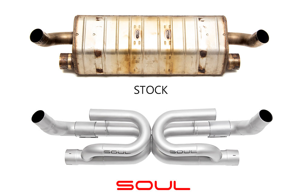 Comparison of Soul Performance exhaust with anti-drone tube and a stock Porsche 991.2 Carrera base center muffler on a white background.