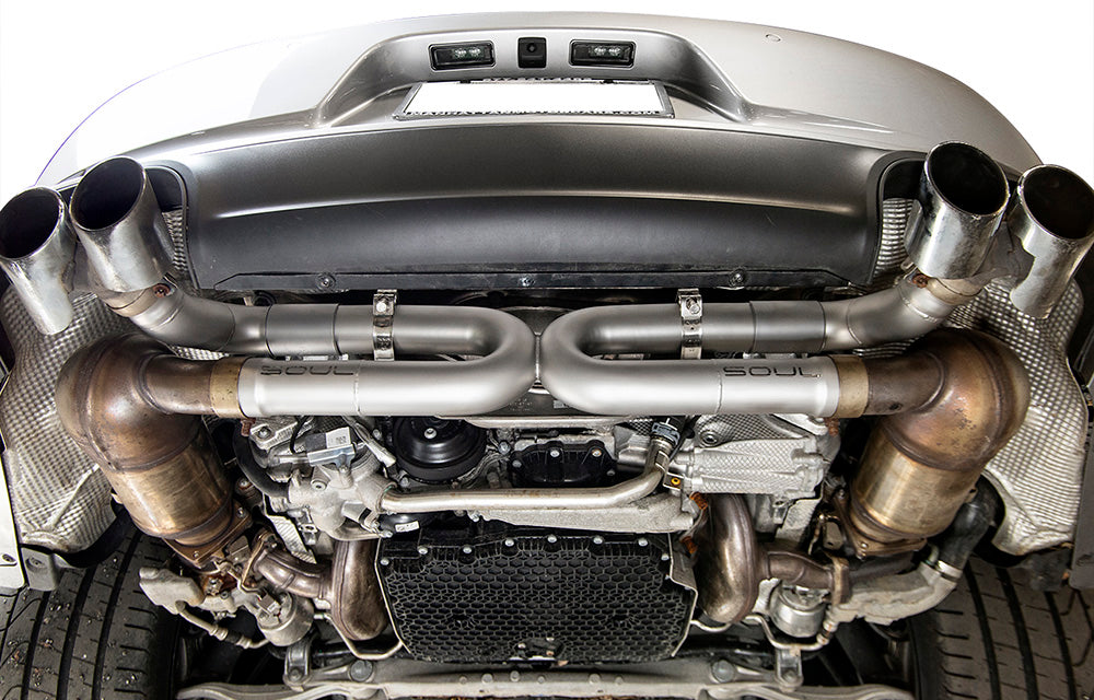 Soul Performance exhaust without anti-drone tube installed on a Porsche 991.2 Carrera base engine.