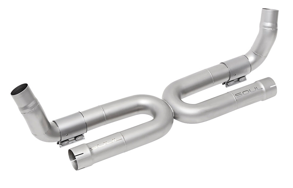 Overview angle of a Soul Performance exhaust without anti-drone tube for Porsche 991.2 Carrera base, finished in silver on white background.