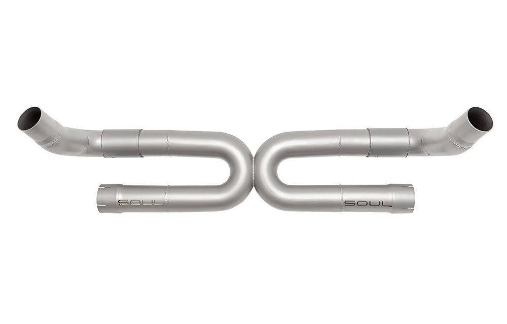 Soul Performance exhaust without anti-drone tube for Porsche 991.2 Carrera base, finished in silver on white background.