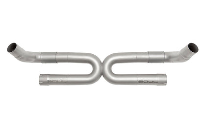 Soul Performance exhaust without anti-drone tube for Porsche 991.2 Carrera base, finished in silver on white background.
