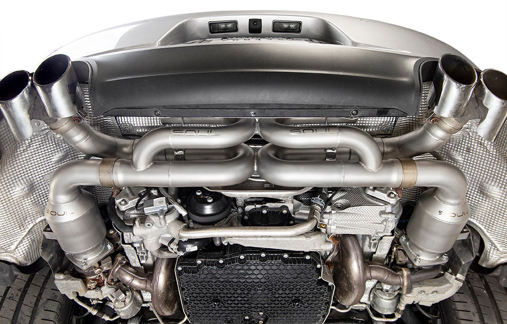 Soul Performance exhaust with anti-drone tubes installed on a Porsche 991.2 Carrera base engine.