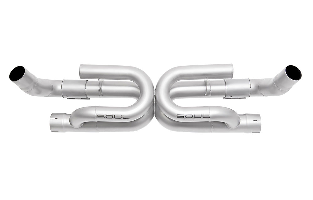 Soul Performance exhaust with anti-drone tube for Porsche 991.2 Carrera base, finished in silver on white background.