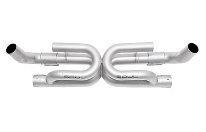 Soul Performance exhaust with anti-drone tube for Porsche 991.2 Carrera base, finished in silver on white background.