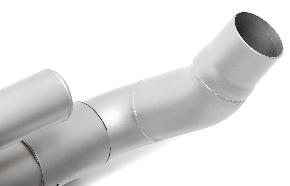 Detail of exhaust outlet on a Soul Performance exhaust with anti-drone tube for Porsche 991.2 Carrera base, finished in silver on white background.