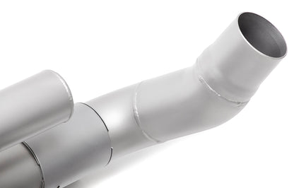 Detail of exhaust outlet on a Soul Performance exhaust with anti-drone tube for Porsche 991.2 Carrera base, finished in silver on white background.