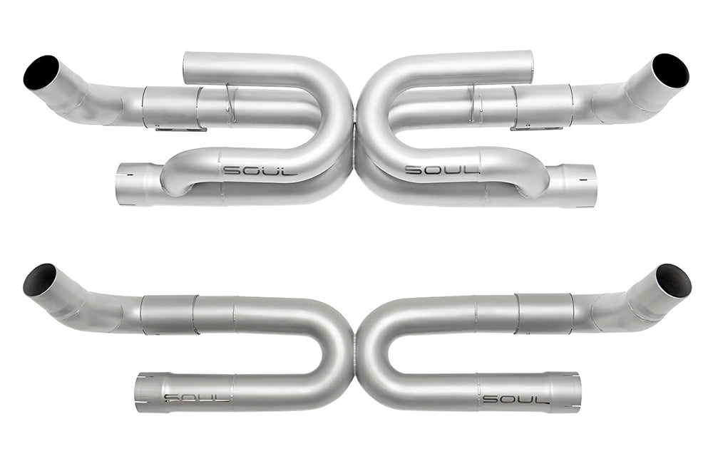 Pair of Soul Performance exhaust with anti-drone tube and without anti-drone tube for Porsche 991.2 Carrera base, finished in silver on white background.