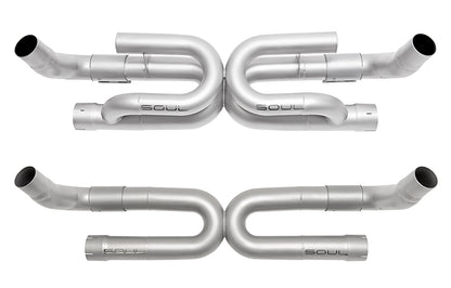 Pair of Soul Performance exhaust with anti-drone tube and without anti-drone tube for Porsche 991.2 Carrera base, finished in silver on white background.