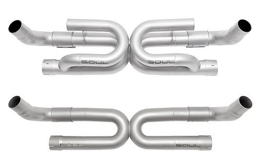 Pair of Soul Performance exhaust with anti-drone tube and without anti-drone tube for Porsche 991.2 Carrera base, finished in silver on white background.