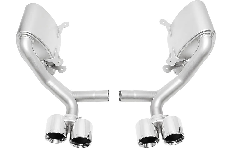 Soul performance sport side mufflers with polished tips for Porsche on a white background.