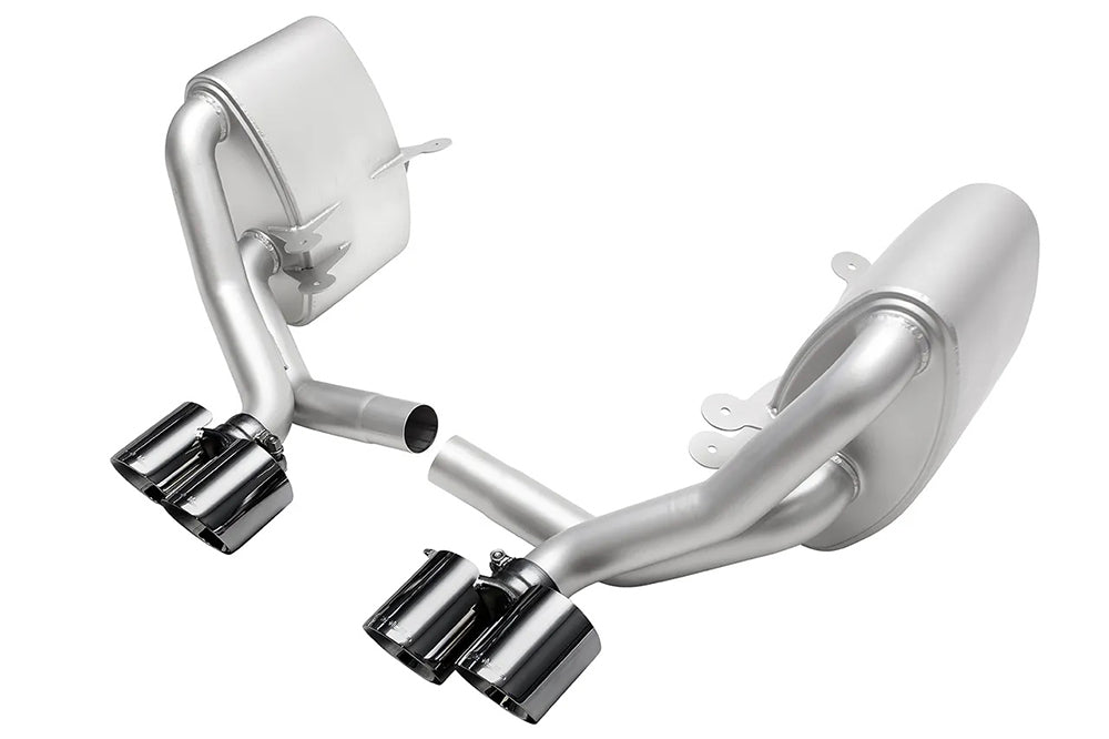 Soul performance sport side mufflers with black chrome tips for Porsche on a white background.