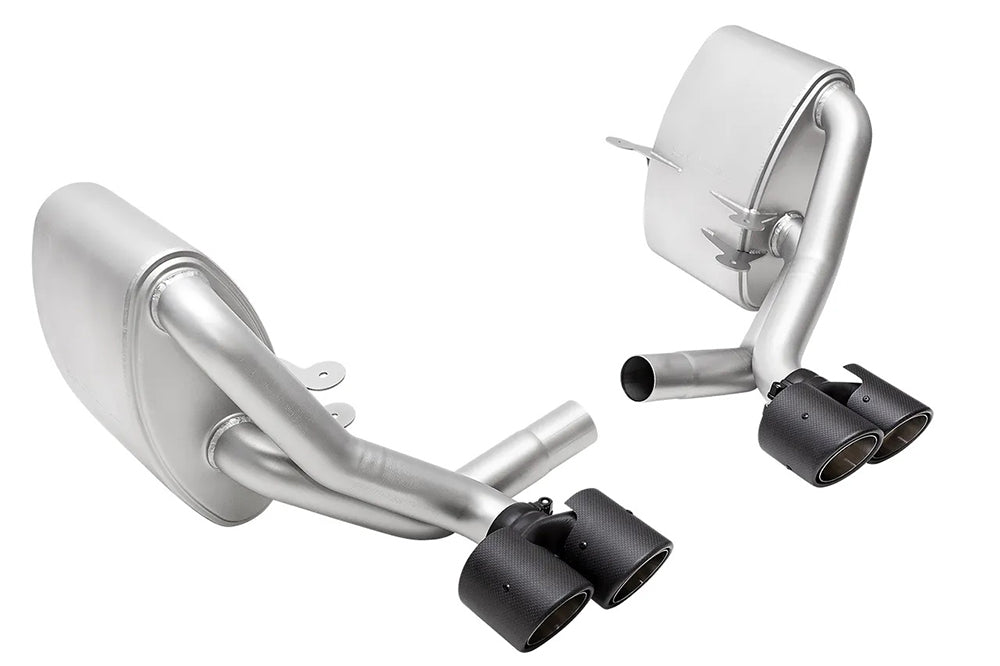 Soul performance sport side mufflers with carbon fiber tips for Porsche on a white background.
