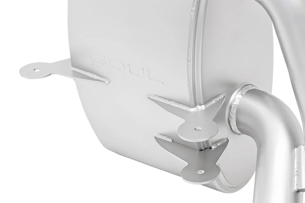 Close-up of a Soul performance sport side muffler for Porsche on a white background.