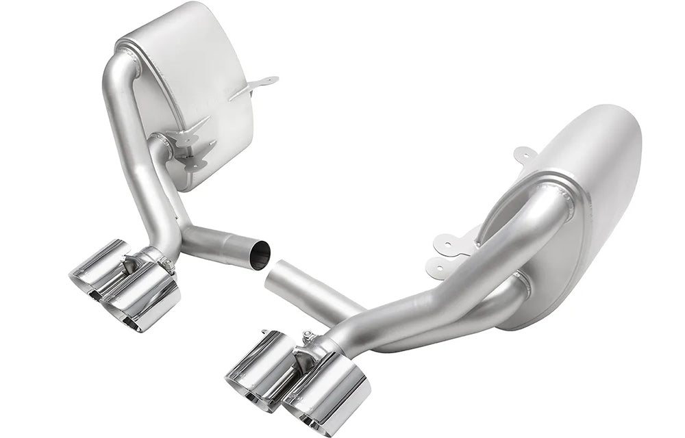 Soul performance sport side mufflers with polished tips for Porsche on a white background.