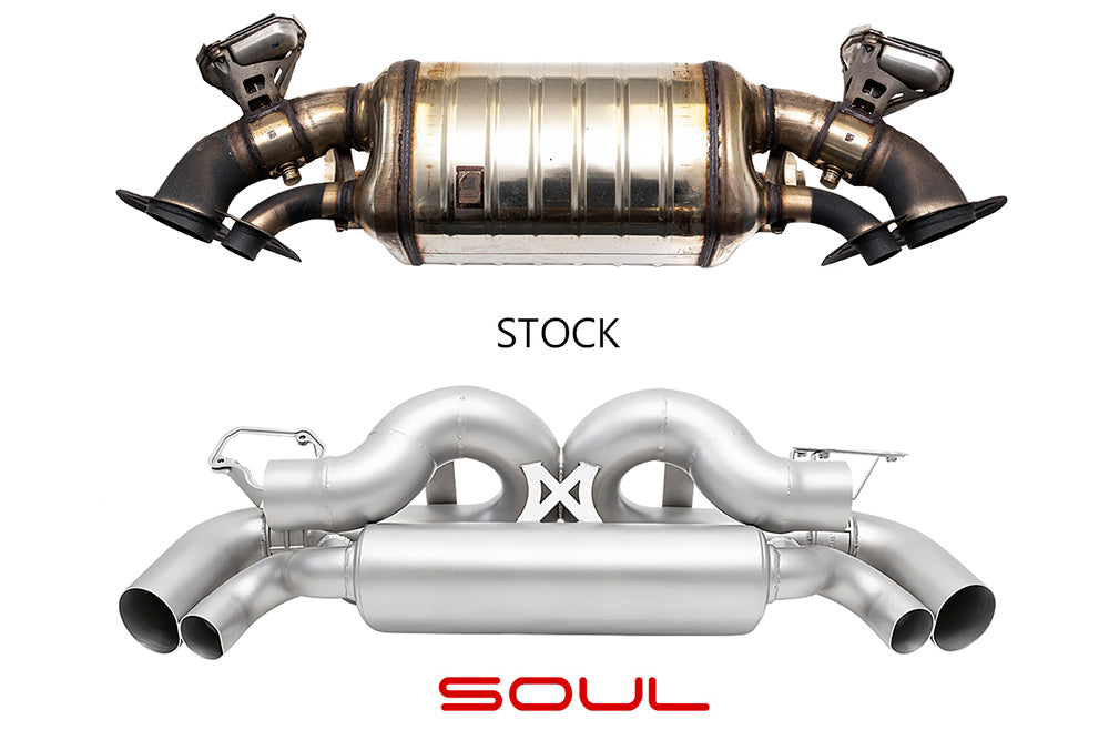 Comparison of a stock exhaust system and a Soul valved exhaust system for porsche 911 992 carrera on white background.