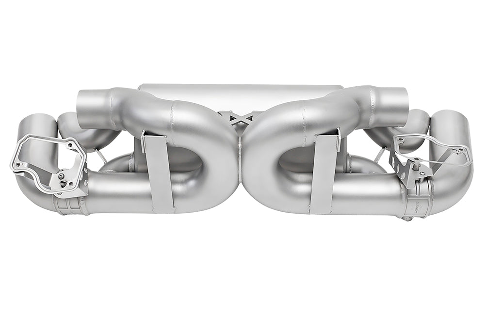 back side of Soul valved exhaust system for porsche 911 992 carrera on white background.