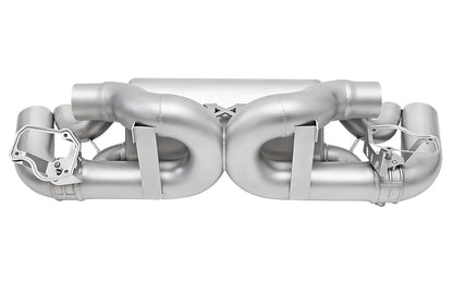 back side of Soul valved exhaust system for porsche 911 992 carrera on white background.