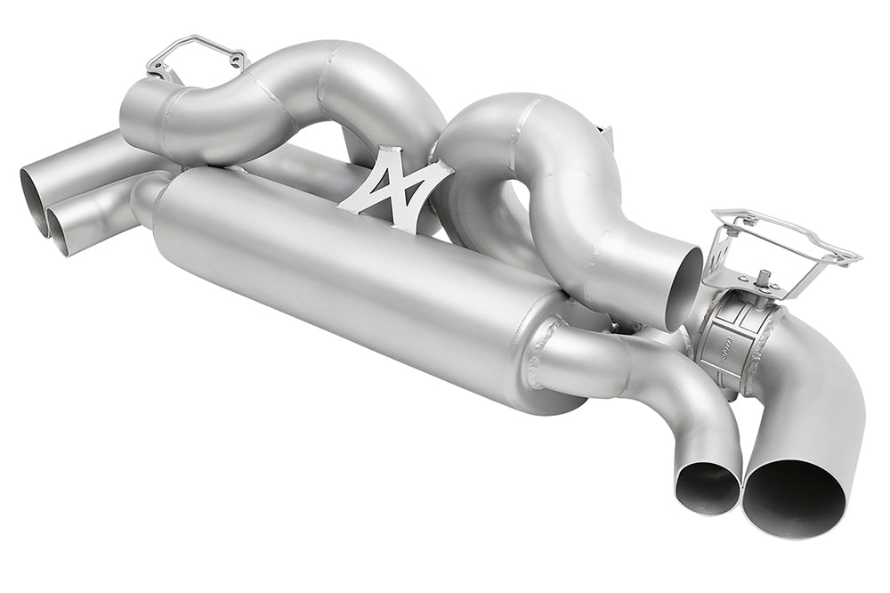 angled view of Soul valved exhaust system for porsche 911 992 carrera on white background.