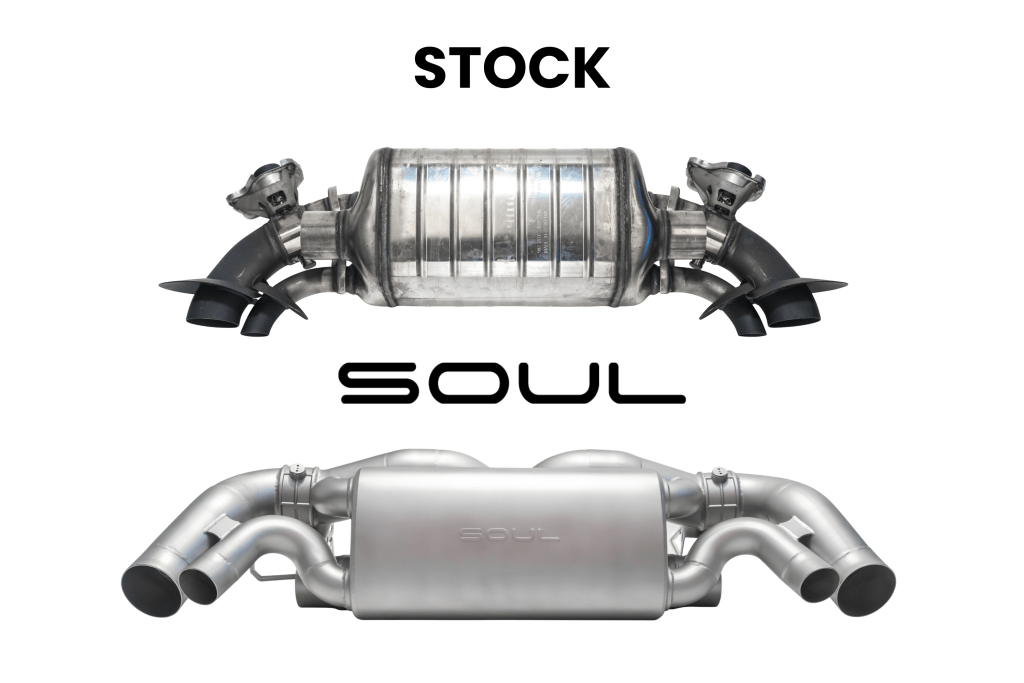 Comparison of stock Porsche center muffler with Soul Performance center muffler exhaust system and Soul logo on white background.