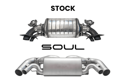 Comparison of stock Porsche center muffler with Soul Performance center muffler exhaust system and Soul logo on white background.