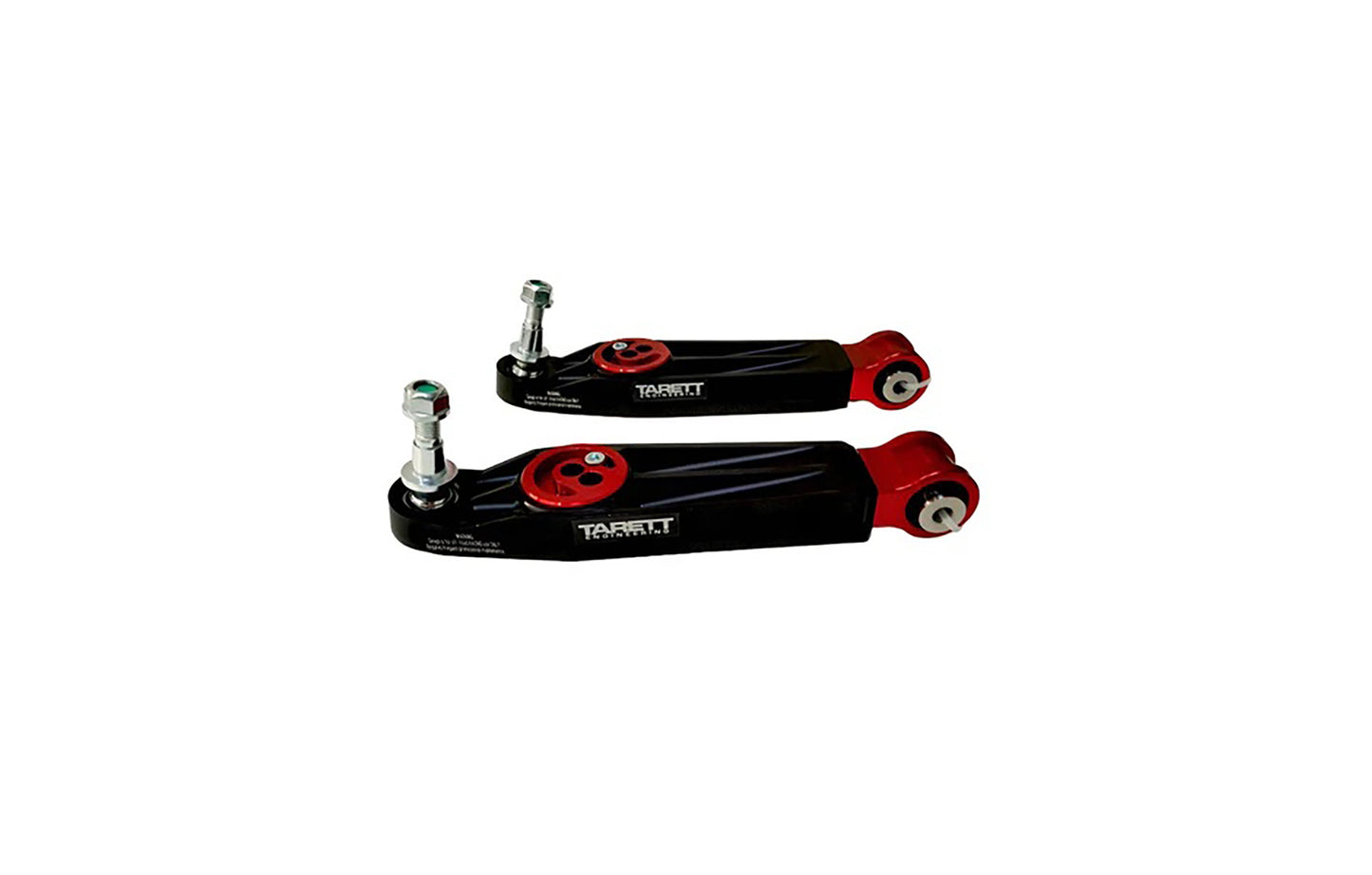 Pair of Tarett Engineering lower control arms in black and red links on a white background.