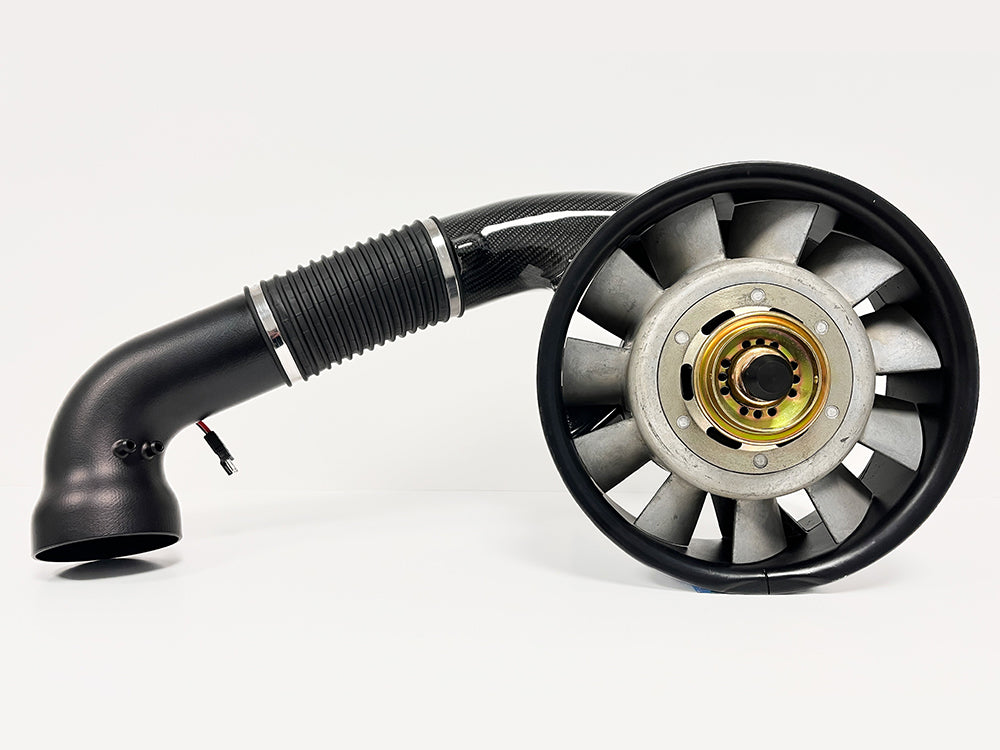 Triebwerk DTW fan heater for Porsche 964 RS and 993 RS heater duct upgrade on white background.