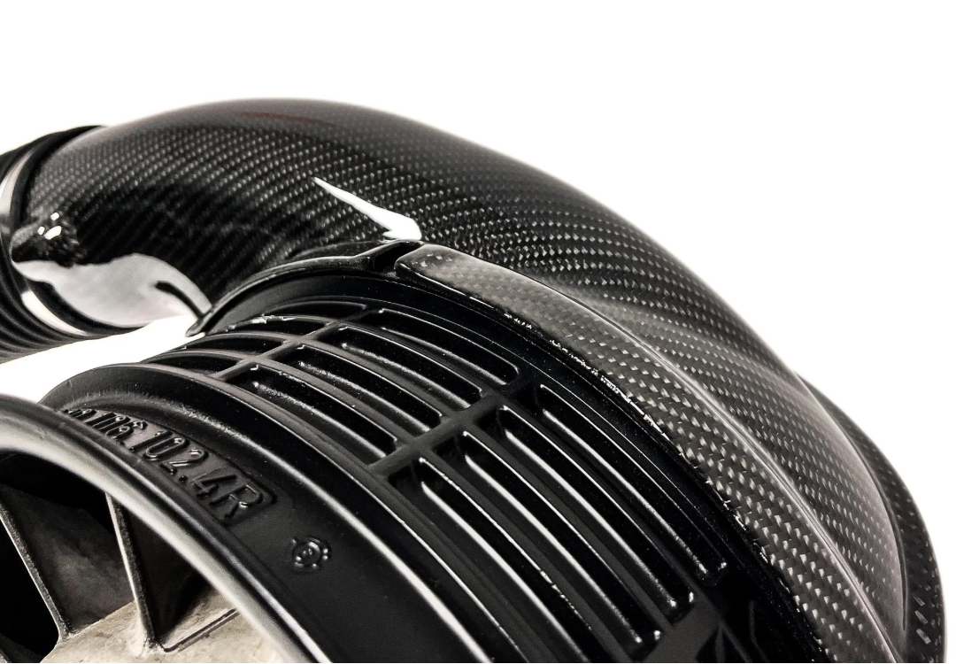 Close-up of Triebwerk fan heater for 964 RS and 993 RS heater duct upgrade with carbon fiber.