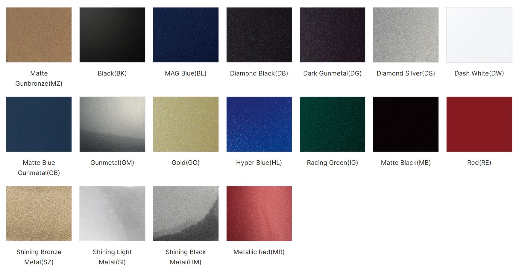 Color swatches of various volk wheel color finishes on a white background.