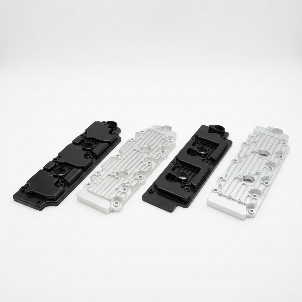 Metal valve covers in black and silver on white background