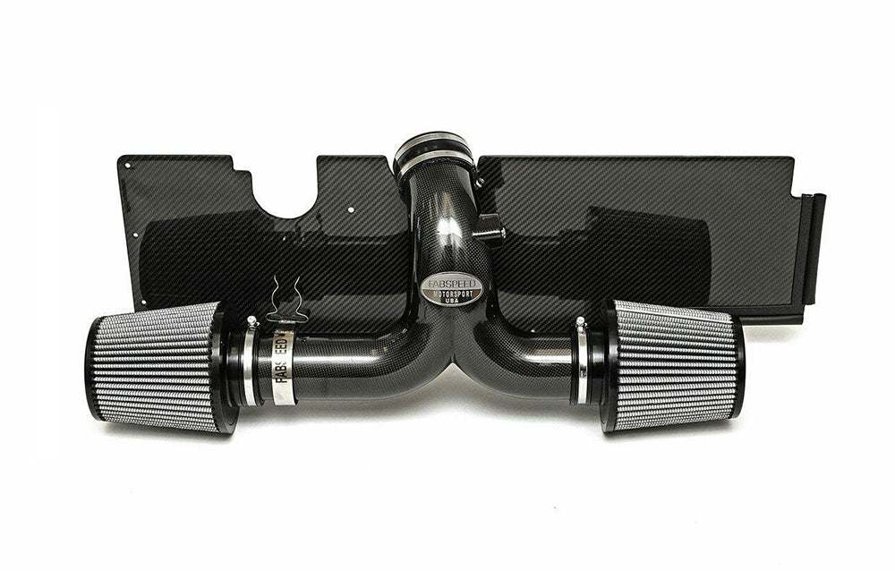 Fabspeed air intake system with carbon fiber heat shield for Porsche on a white background.