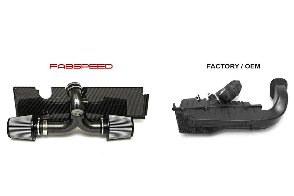 Fabspeed air intake system compared next to a factory air box on a white background.