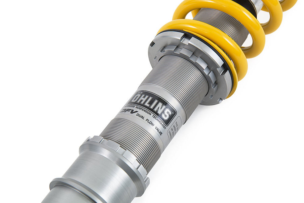 close up of Ohlins Road And Track coilover for Porsche with Ohlins logo on white background.