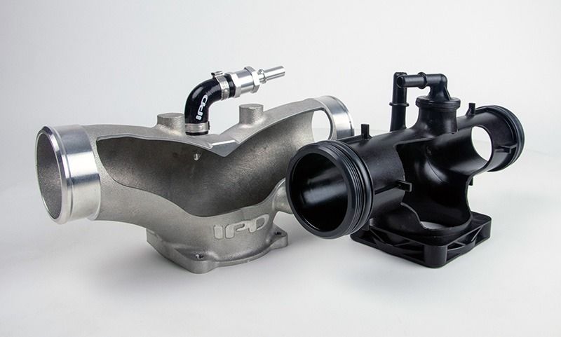 Comparison of IPD Turbo plenum with cutaway next to an original equipment plenum cutaway in black.