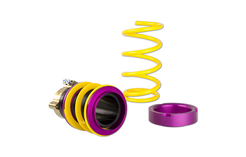 KW Height Adjustable Spring components with spring, locking collar, perch for Porsche 991 on white background.