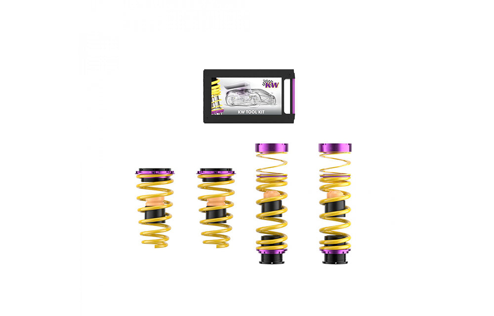 Set of four yellow KW H.A.S. height adjustable spring kit with purple mounting hardware on a white background, for Porsche 992.