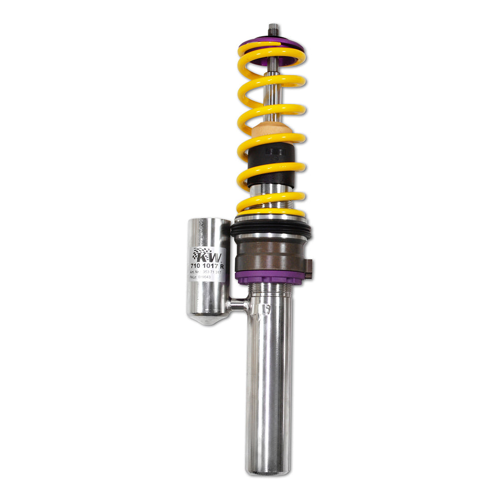 Single KW V3 coilover with yellow spring and purple accents on a white background.