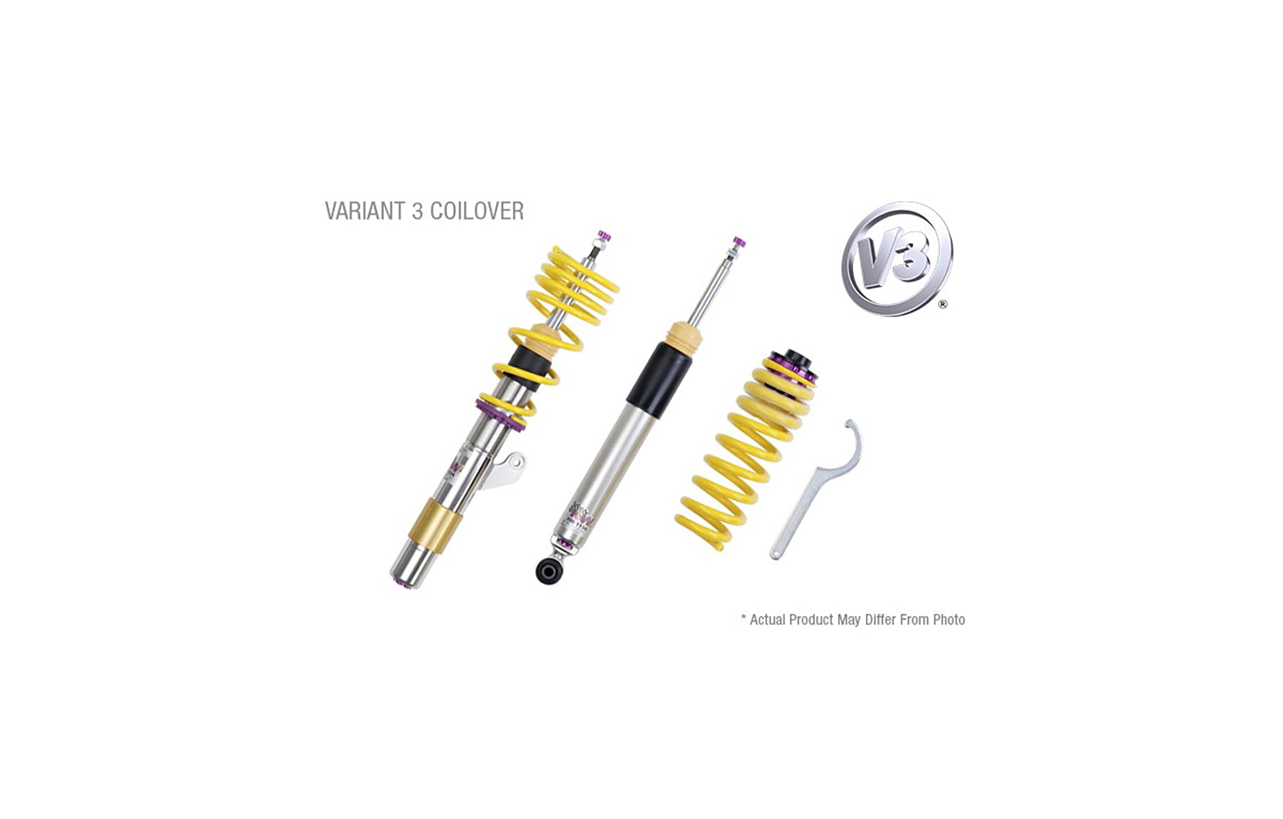 KW V3 coilover system for Porsche 911 with spanner wrench on a white background and a V3 logo in the corner.
