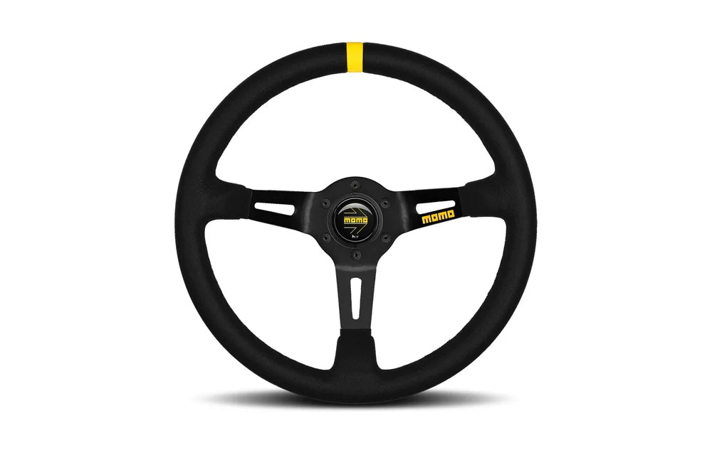 Black Momo Mod 08 steering wheel with suede and yellow center on a white background.