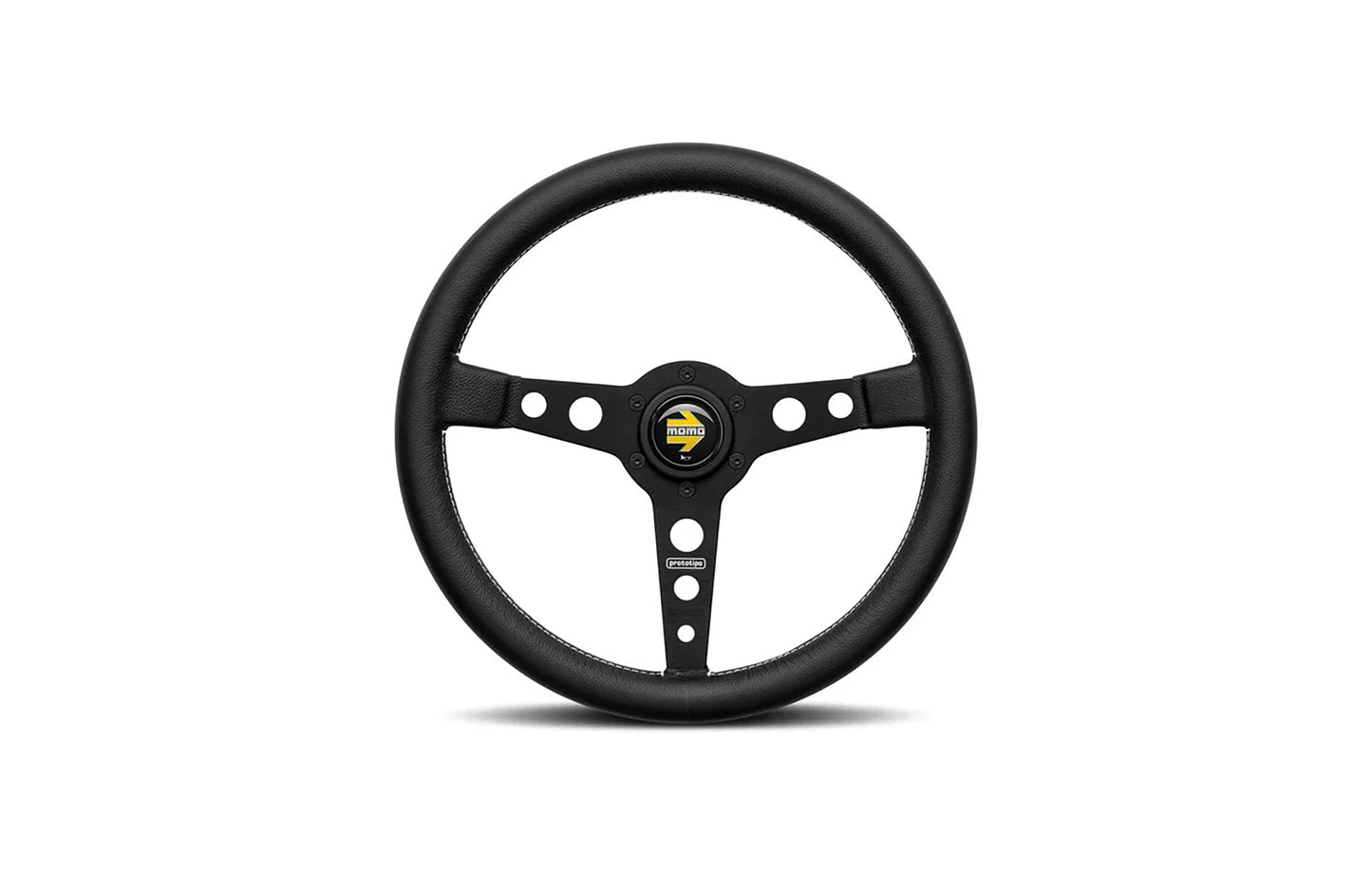 Black spoke Momo Prototipo racing steering wheel with a logo on a white background.