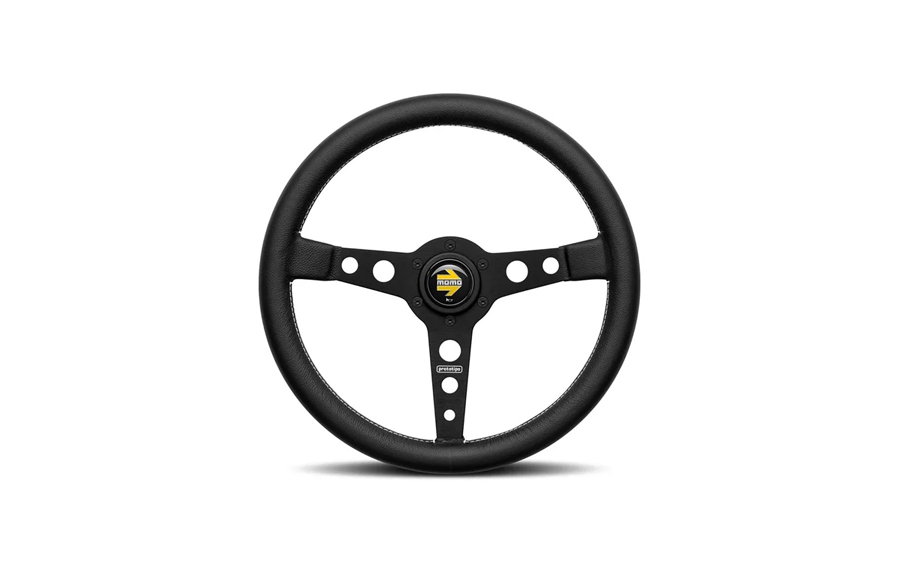 Black spoke Momo Prototipo racing steering wheel with a logo on a white background.