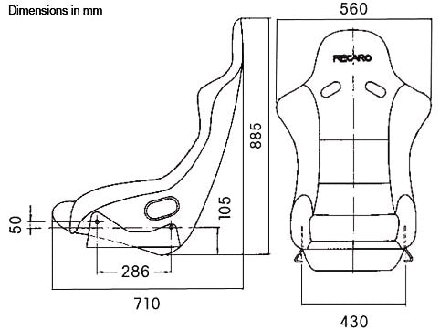 Technical drawing of a Recaro Pole Position bucket seat with dimensions labeled.