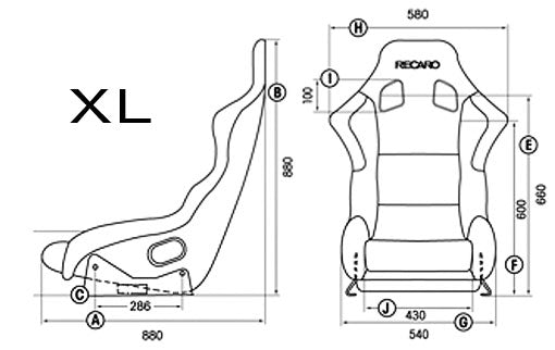 Technical drawing of a Recaro Profi XL racing seat with dimensions labeled.