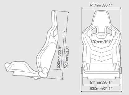 Technical drawing of Recaro Sportster reclining bucket seat with dimensions labeled.