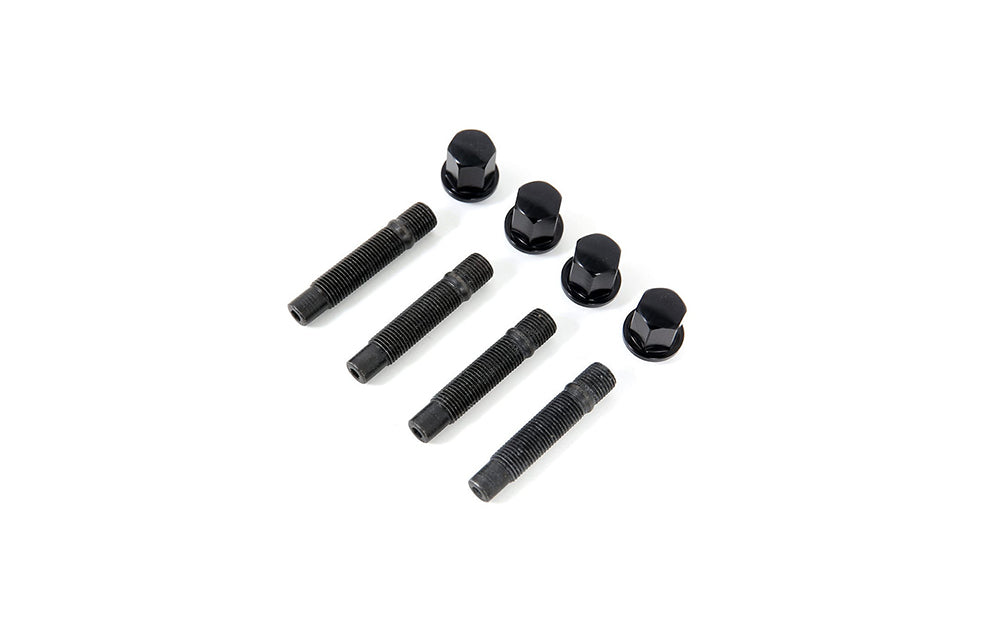 Rennline stud conversion kit with black studs and lug nuts on white background.