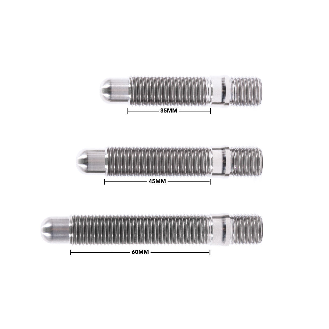 Rennline stud conversion kit silver stud lengths with dimensions labeled on a white background.
